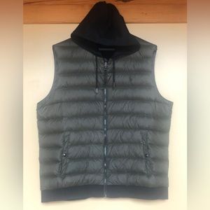 Polo by Ralph Lauren Down Hooded Vest Full Zip Performance Panel Khaki Grn/Black